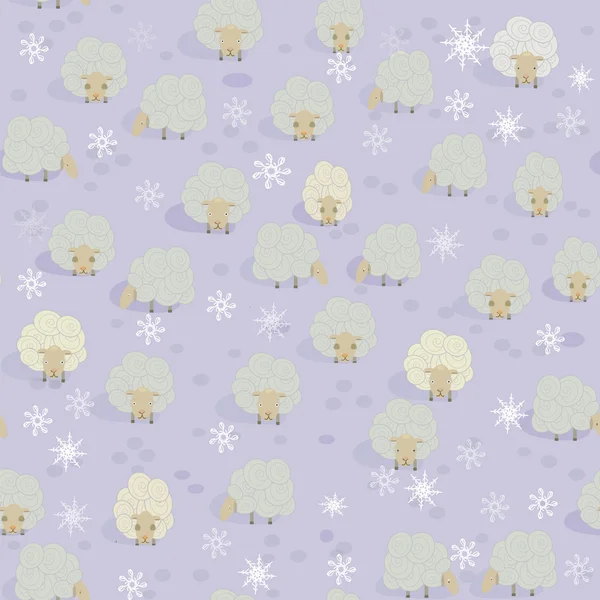Motif sans couture avec des chèvres et des flocons de neige. Drôle d'animal dans l'herbe — Image vectorielle