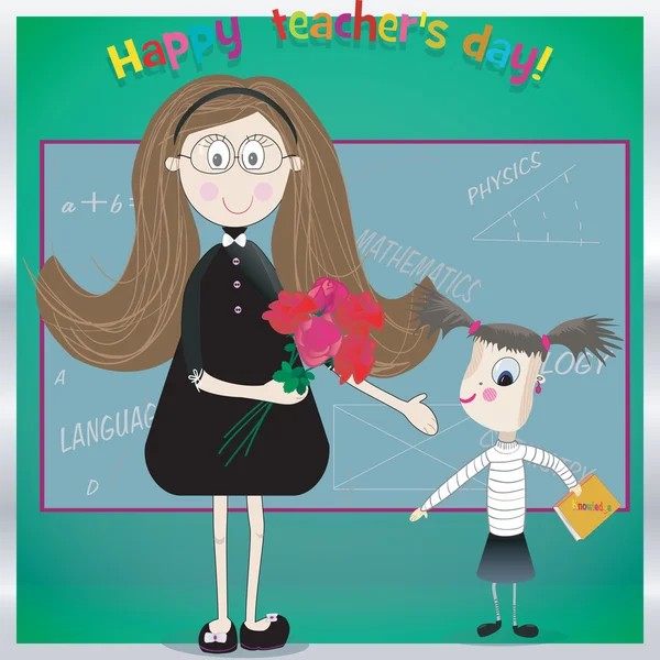 Happy teacher day. Template for card. Illustration for  greeting from student and flower — Stock Vector