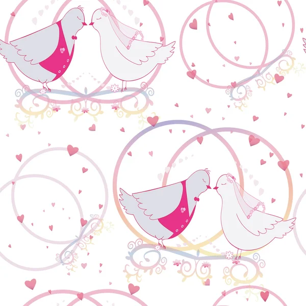 Patrón sin costuras de la boda. Novia y anillos de novio. Par de palomas — Vector de stock