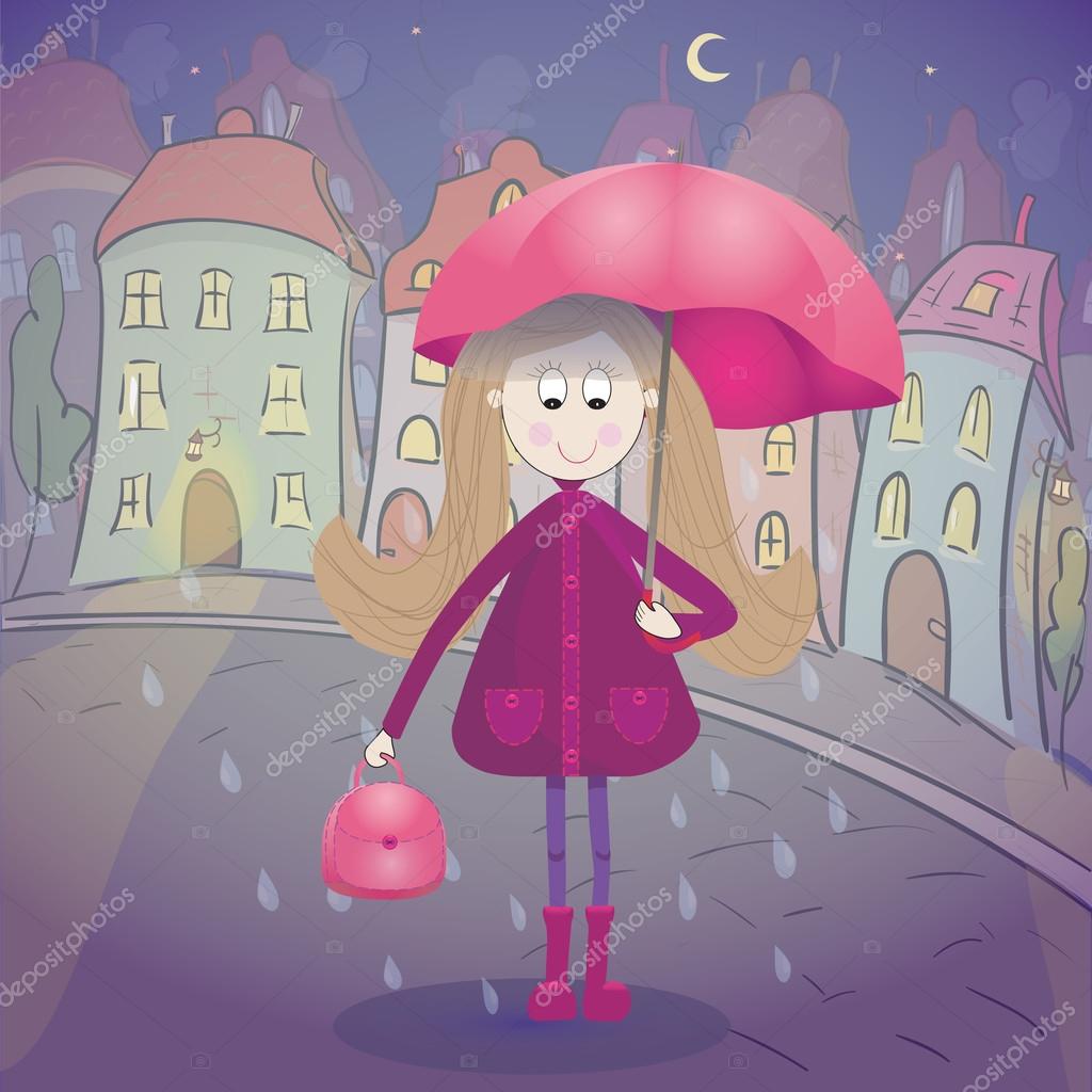 傘レインコート ゴムのブーツで雨の下で女の子 背景に夜の景観 ストックベクター C Olenkamelenka