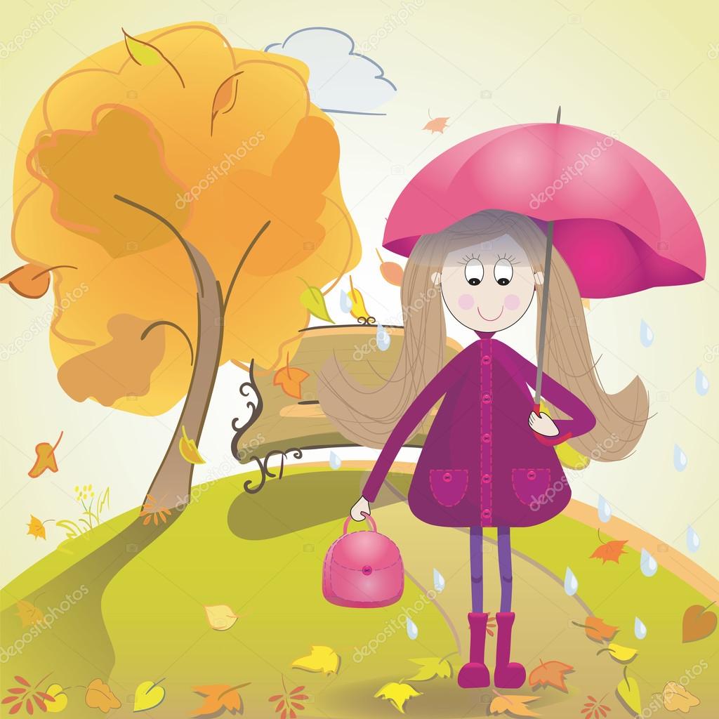 Girl with umbrella boots raincoat and rain on autumn landscape. Vector illustration