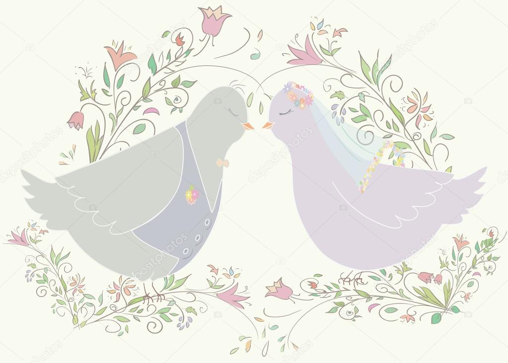 wedding illustration of pair pigeons. Can be used as template for card or invitation