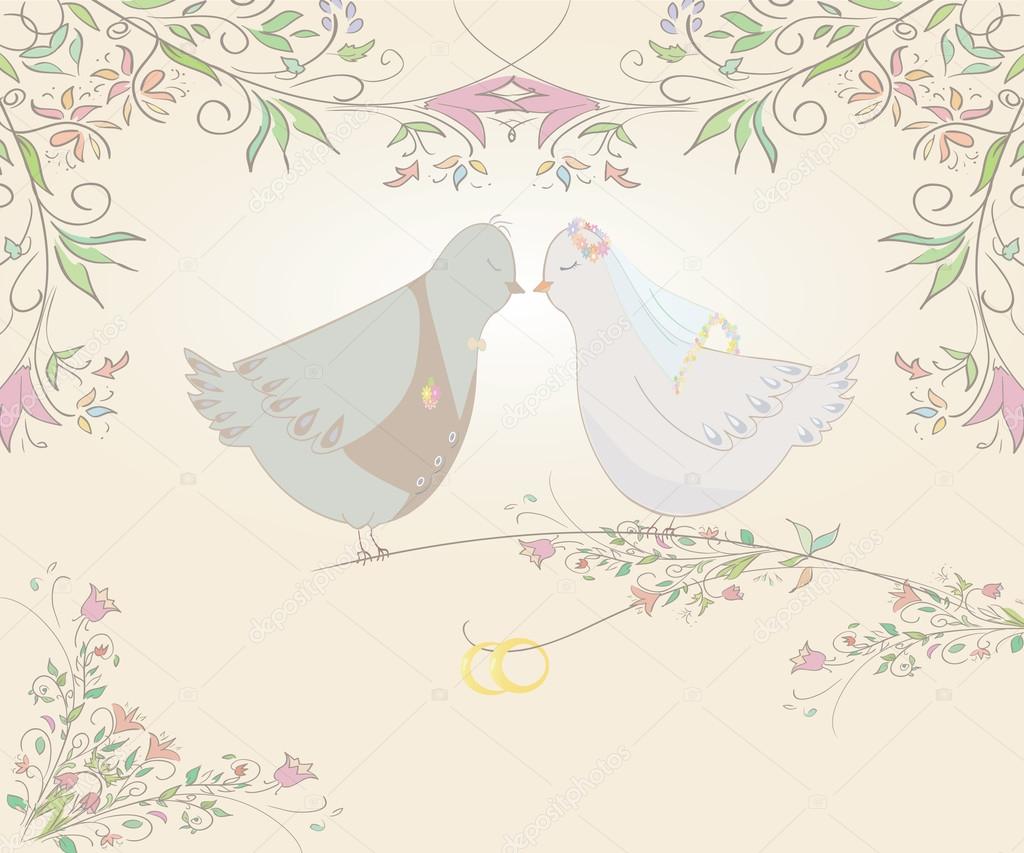 Illustration of pair pigeons and wedding rings . Can be used as template for card or invitation. Vector