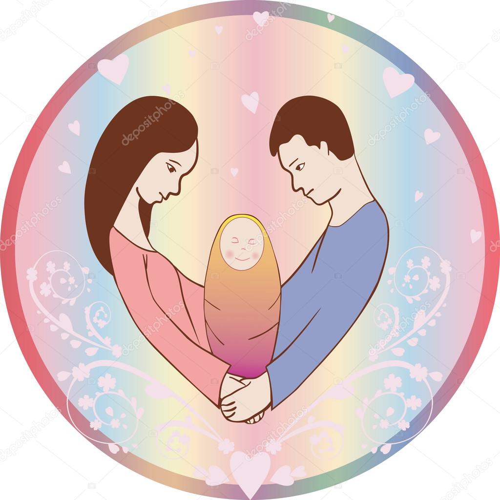 Family and newborn. Parents and little baby.Vector illustration can be used as card or symbol