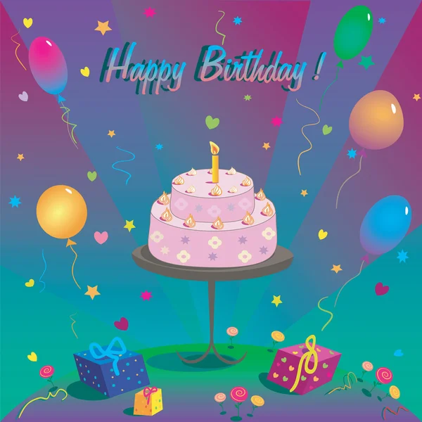 Template for Happy Birthday card with cake and ballon — Stock Vector