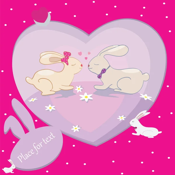 Rabbits love hearts vector card with place for text — Stock Vector