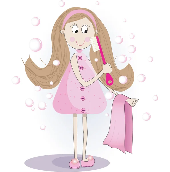 Illustration des niedlichen Mädchens Zähne putzen und Gesicht waschen — Stockvektor