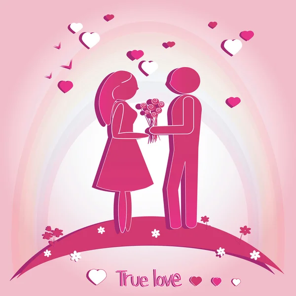Coppia di innamorati con cuori. Illustrazione vettoriale su sfondo rosa. Silhouette . — Vettoriale Stock