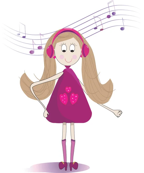 Милая маленькая девочка слушает музыку в наушниках — стоковый вектор