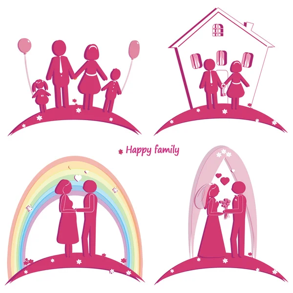 Set of happy family icons. Symbol of wedding. Family house. Pregnancy and parents with doughter and son — Stock Vector