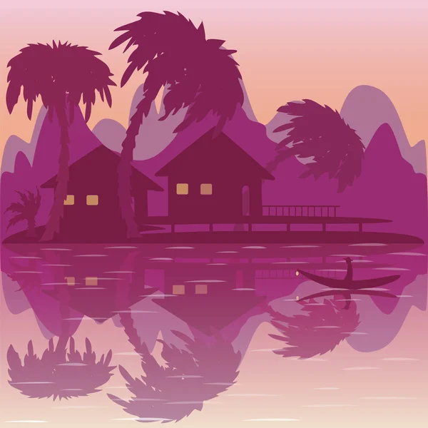 Ilustración de playa tropical con bungalow y palmeras — Vector de stock