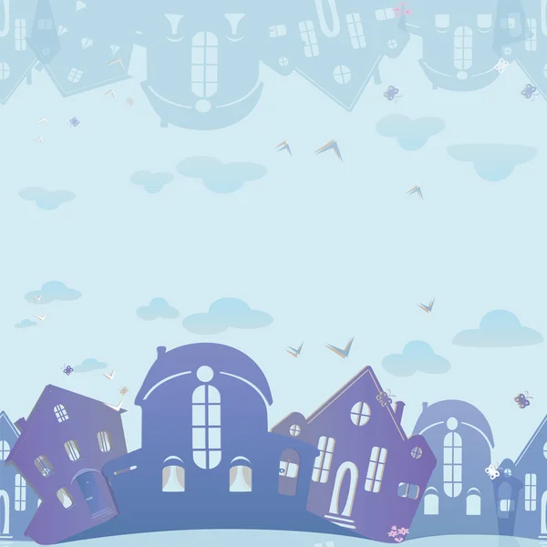 不動産のシームレスなテクスチャです。住宅と青色の背景 — ストックベクタ