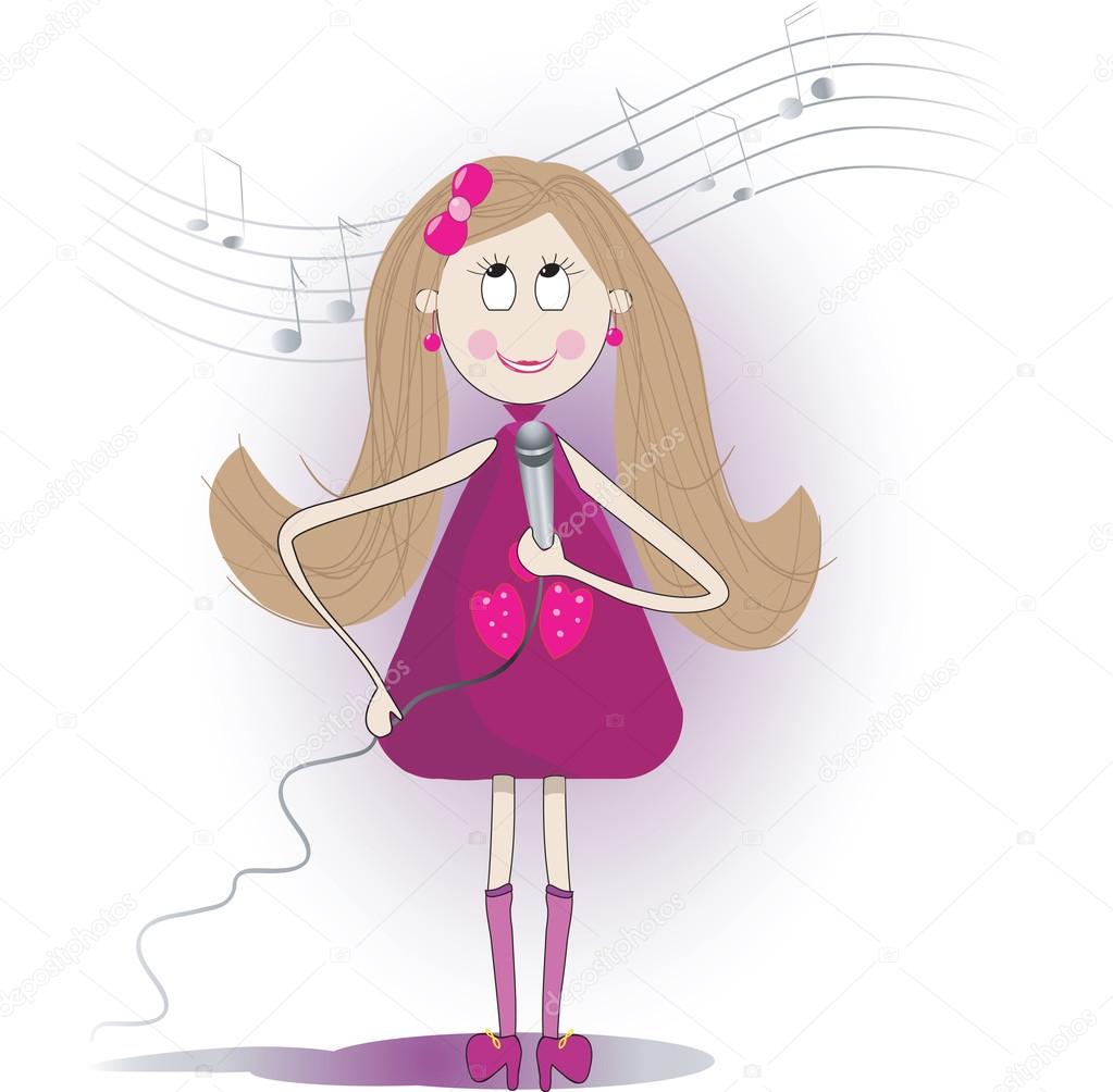 Illustration of cute girl sings a song with microphone. 