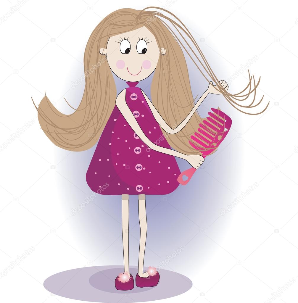 Illustration of cute girl in a bathrobe and slippers. She is combing hair
