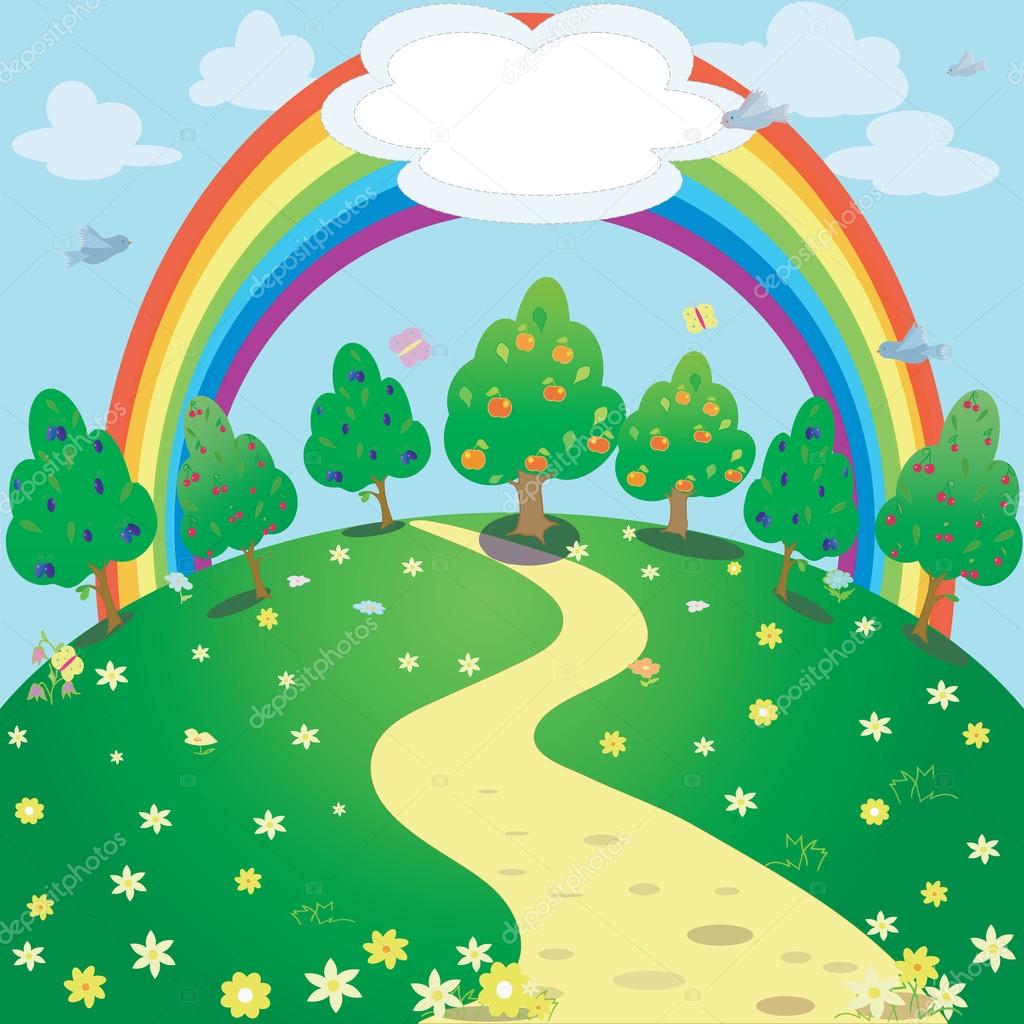 Background of rainbow and garden . Vector fantasy