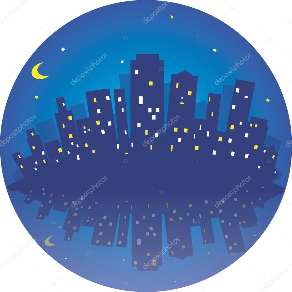 City at night. Round vector illustration with  reflaction  