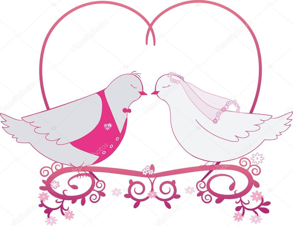 illustration wedding pigeons and heart. Icon or card of doves