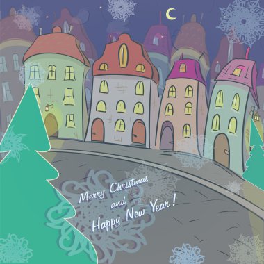 kentsel peyzaj ve kar yağışı Noel vintage kartı. Detaylı vektör resim