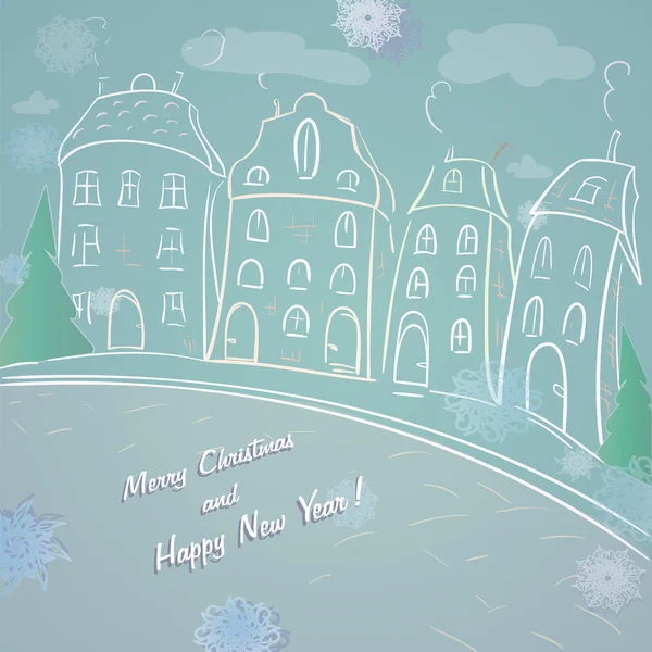 Νέο έτος και την χριστουγεννιάτικη κάρτα σχεδιασμό, την παλιά πόλη. Πρότυπο με χώρο για κείμενο — Διανυσματικό Αρχείο