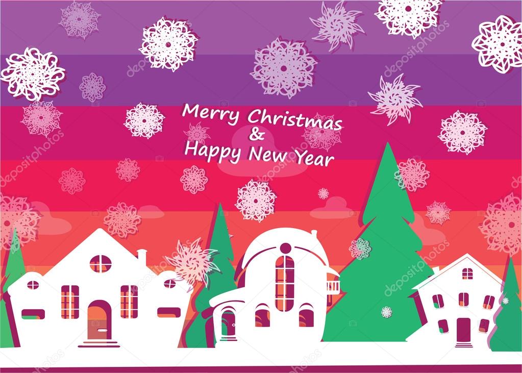 Card for Christmas and New Year. Template with place for text. Winter street, houses snowflakes and christmas tree