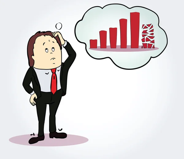Affärsmannen och diagram seriefigur. Person, funderar på diagrammet går ner. Begreppet — Stock vektor