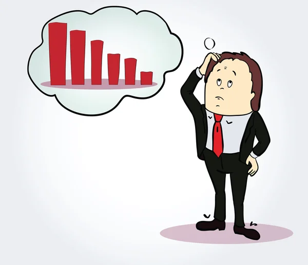 Affärsmannen och diagram seriefigur. Person, funderar på diagrammet går ner. Begreppet — Stock vektor