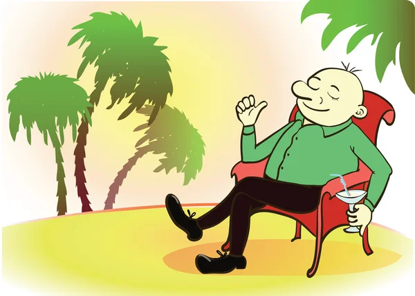 Uomo d'affari in vacanza. Persona ricca sulla spiaggia di mare. Illustrazione vettoriale cartone animato — Vettoriale Stock