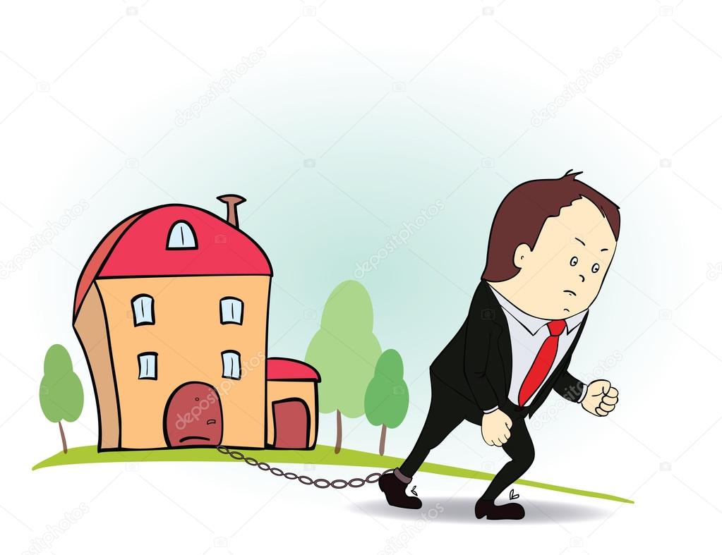 Cartoon character with iron chain and house.  illustration of man and real estate in credit