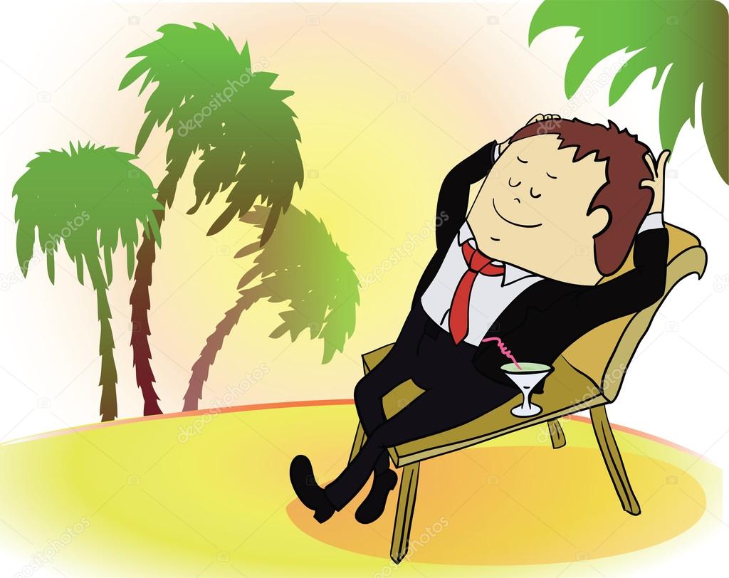 Businessman on vacation. Rich person on sea beach. Cartoon vector illustration