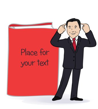 Gülümseyen iş adamı ayakta büyük Kitap Illustration. Metin için yer ile kart