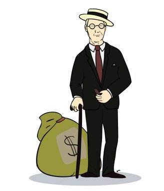 Zengin adamla para çuvalı. Tüccar veya iş adamı Illustration. Vektör