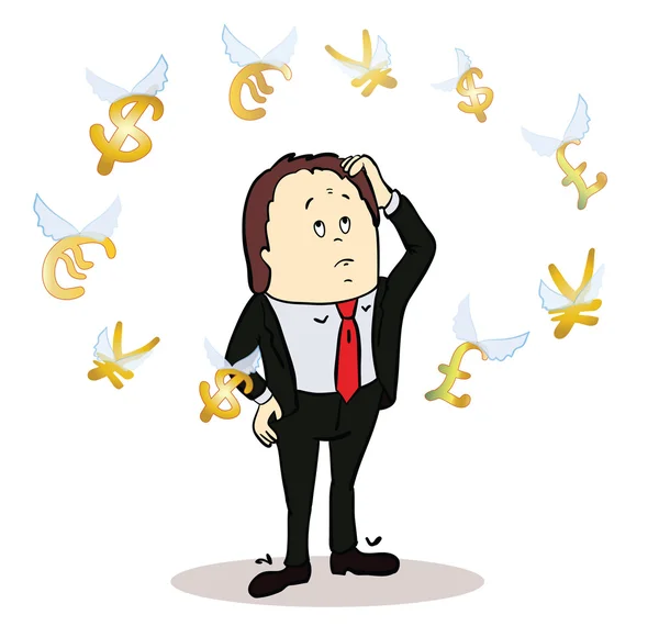 Business man standing, watching for flying currency icons. White background. Banking, exchange rate concept, economy. Illustration of thinking trader. — Stock Vector