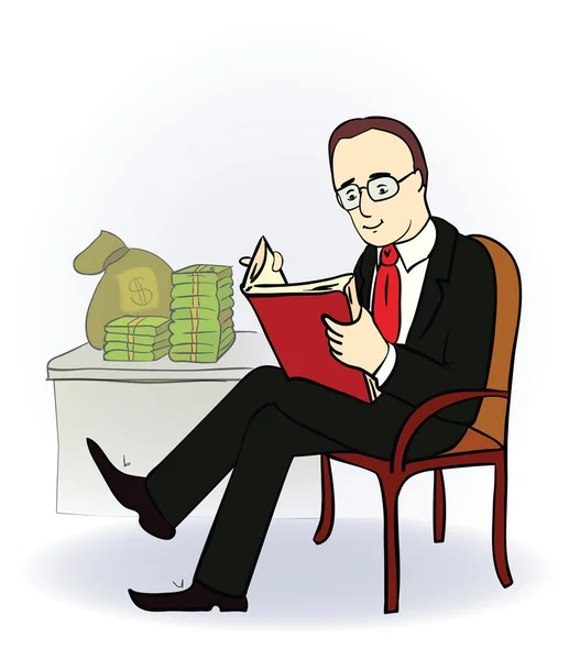 Businessman with a book near the table with money. Vector illustration — Stock Vector