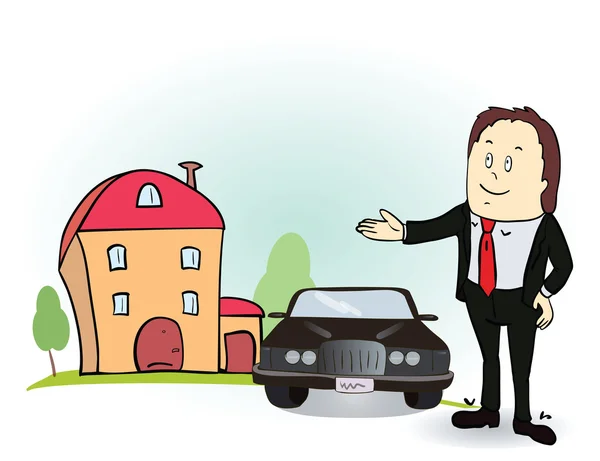 Man indicates his hands on the house and car. Vector illustration. Cartoon image — Stock Vector