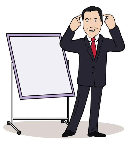 Ilustración vectorial de un personaje de dibujos animados a color. Pensando hombre de negocios señalando a la cartelera en blanco — Vector de stock