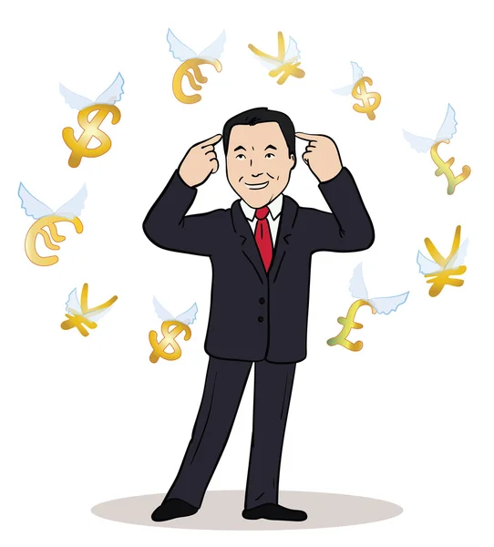 Business man standing, watching for flying currency icons.Banking, exchange rate concept, economy. Facial expression, reaction, body language. Illustration of thinking trader. — Stock Vector