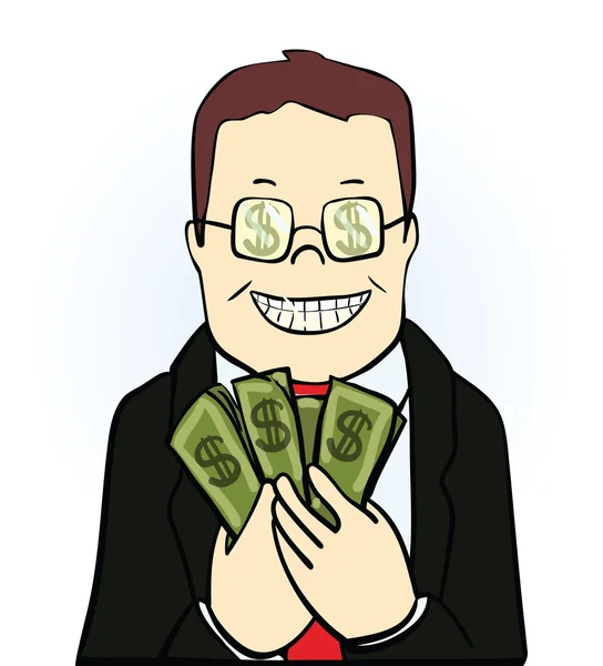Усміхнений чоловік у костюмі та окулярах тримає долари. Векторні ілюстрації — стоковий вектор