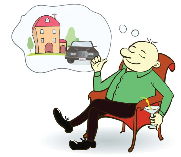 Hombre soñando casa y coche. Concepto de crédito o hipoteca . — Vector de stock