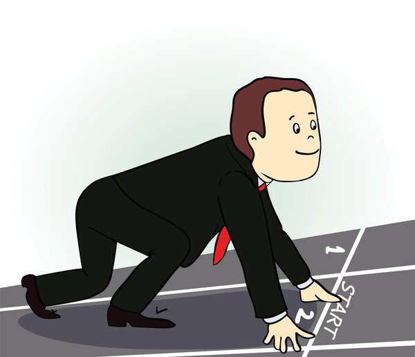Young  businessman standing in start position. Vector illustration