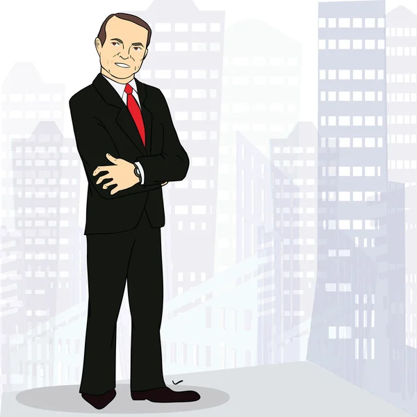 Experienced and confident businessman in big city. Colorful Vector illustration. Image with place for text — Stock Vector