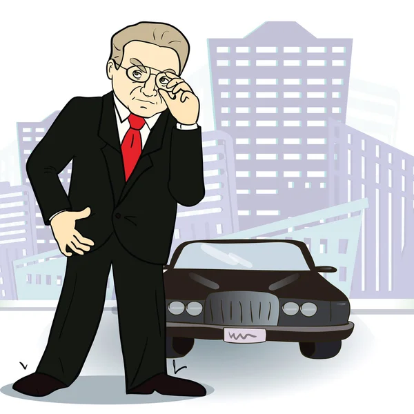 Empresario y coche. Un hombre rico en la ciudad. Vector — Vector de stock