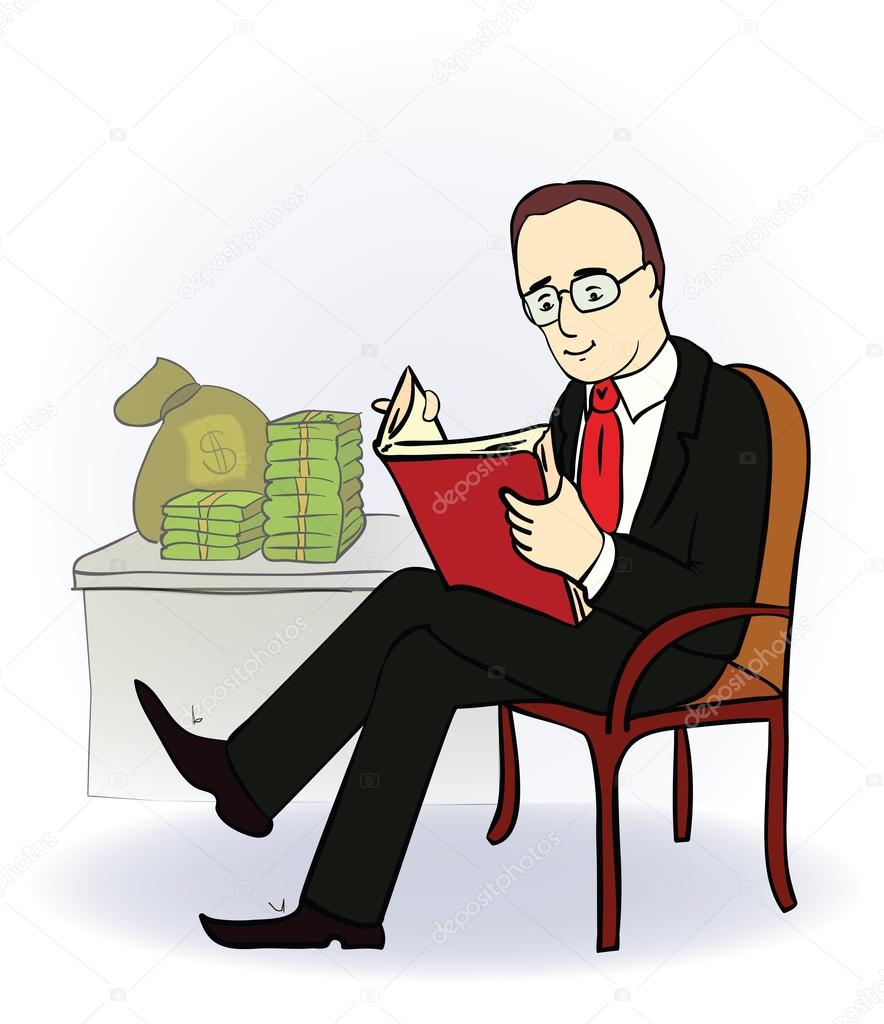 businessman with a book near the table with money. Vector illustration