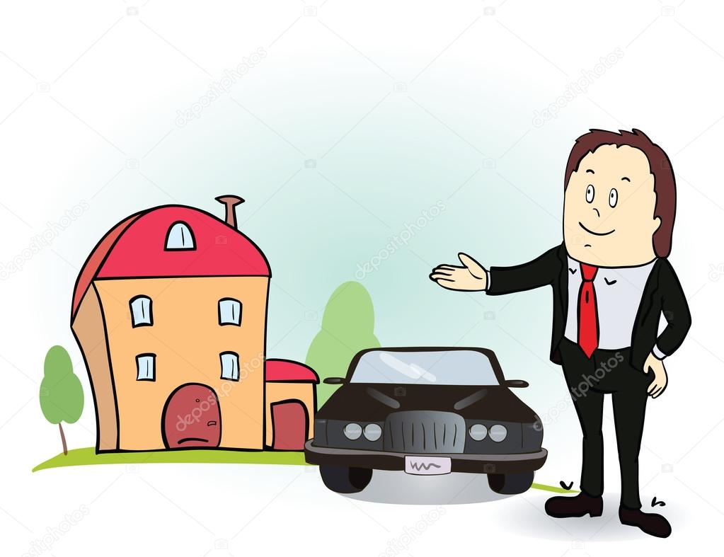 Man indicates his hands on the house and car. Vector illustration. Cartoon image