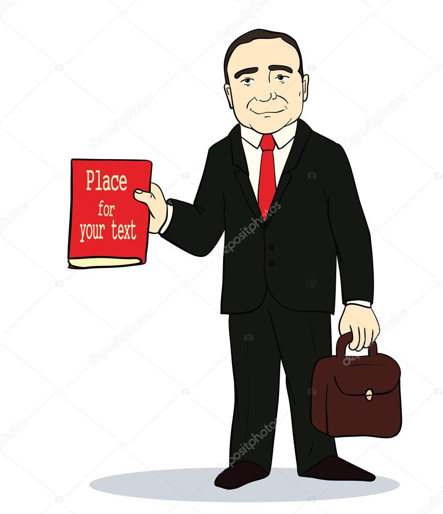 Vector illustration of Cartoon standing businessman.  Boss holding book and suitcase.