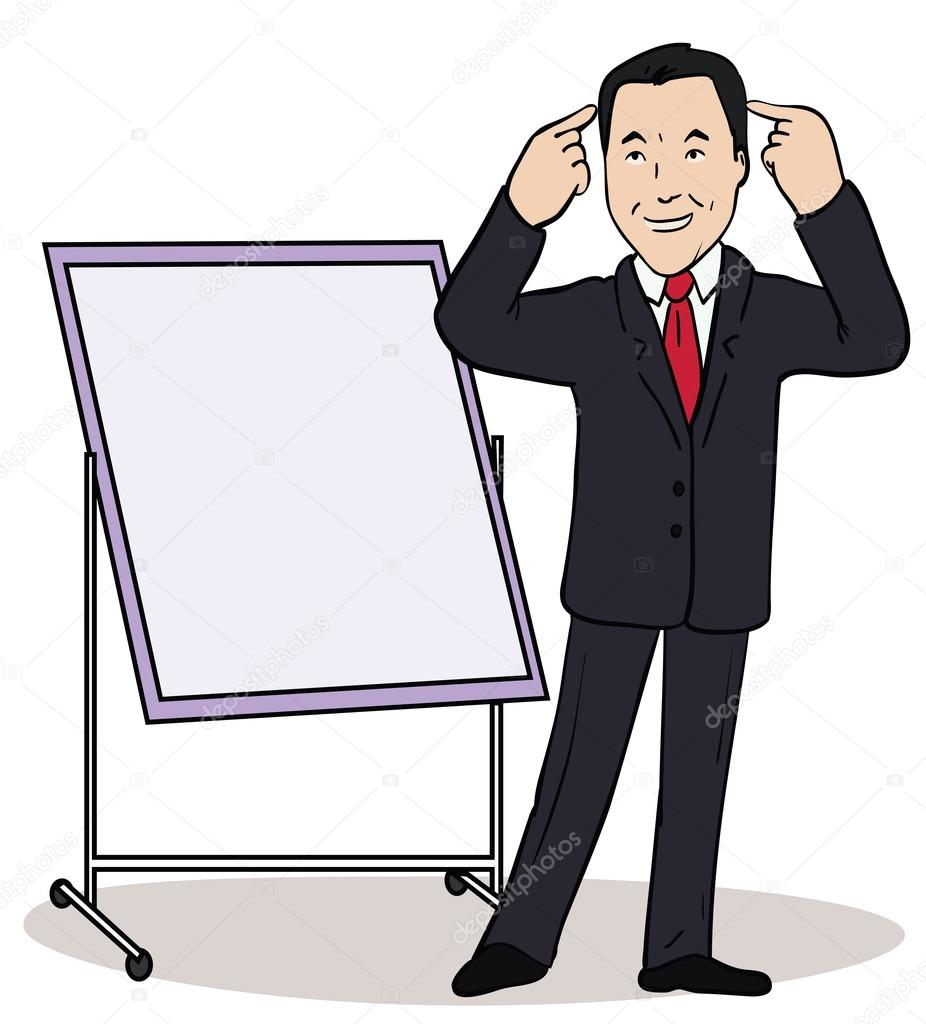 Vector illustration of a color cartoon character. Thinking  businessman pointing to blank billboard