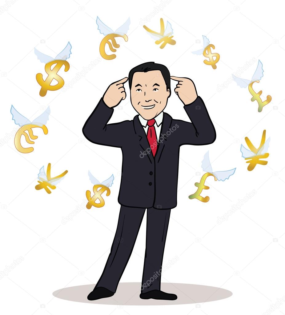 business man standing, watching for flying currency icons.Banking, exchange rate concept, economy. Facial expression, reaction, body language. Illustration of thinking trader.