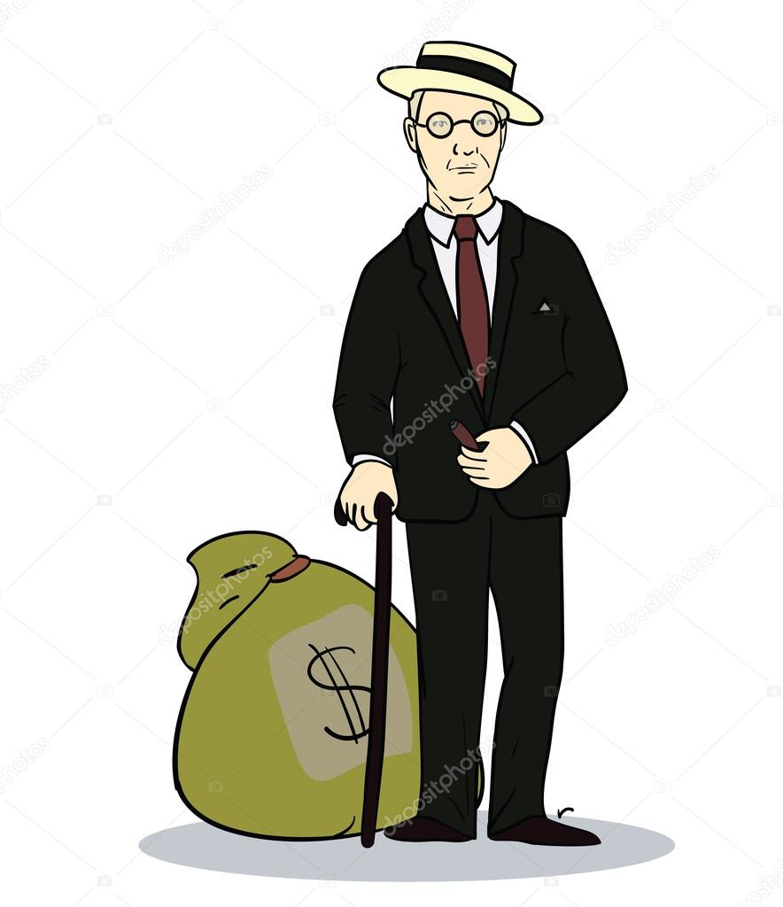 Rich man with sack of money.  Illustration of trader or businessman. Vector
