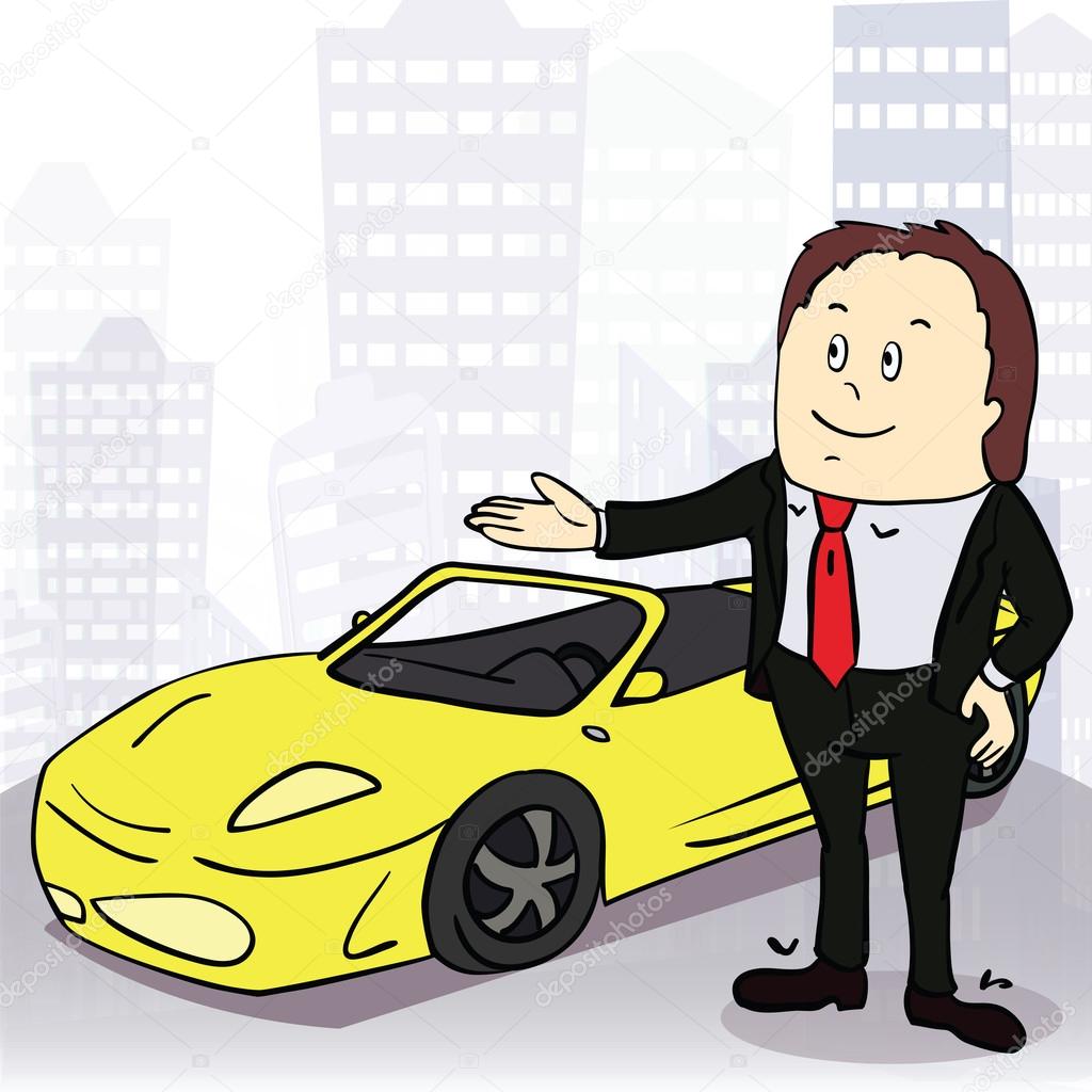 Man and comfortable car in big city. Vector illustration