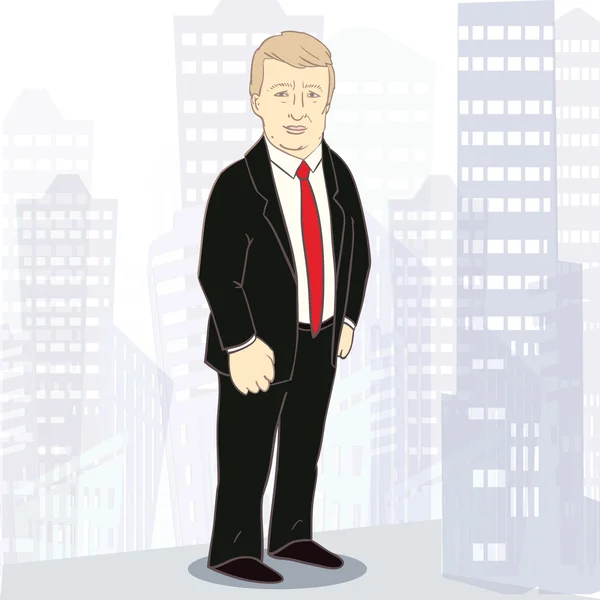 Confidently businessman. Illustration of white rich man on background of big city. Vector illustration — Stock Vector