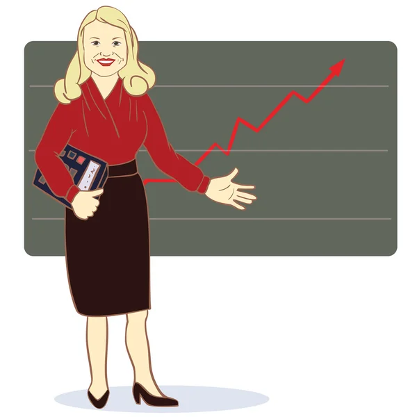 En kvinne med kalkulator står nær pilens diagram. Vektorillustrasjon – stockvektor